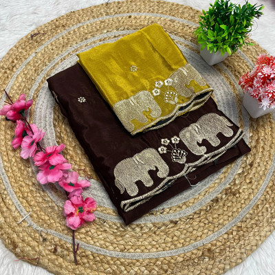 BADE SUHANE Animal Print Bollywood Crepe Saree(Brown)