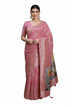 GSCMSTOREX Floral Print, Printed Banarasi Silk Blend Saree(Pink)