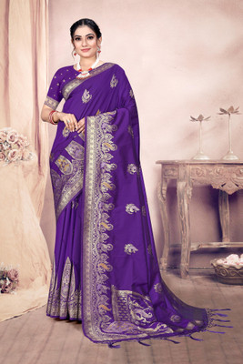 SnehaWomensWear Embroidered Banarasi Silk Blend Saree(Purple)