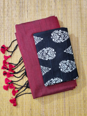 TARAMAACREATION Solid/Plain Bollywood Handloom Pure Cotton Saree(Maroon, Black)