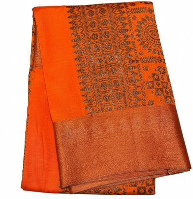 Aezoo kala textiles Woven, Temple Border Banarasi Cotton Linen Saree(Orange)