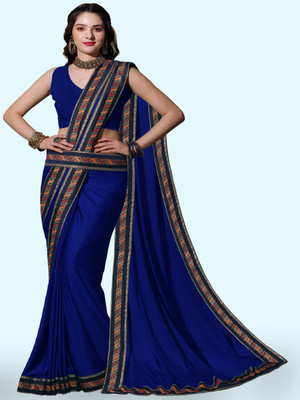 Anugrah Textile Solid/Plain Banarasi Lycra Blend, Chiffon Saree(Blue)