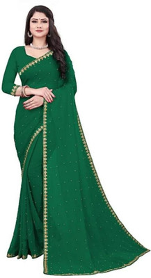 Suntex Embellished Assam Silk Georgette Saree(Green)