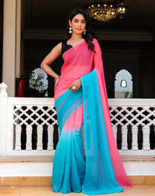 SIRIL Ombre, Solid/Plain Bollywood Chiffon, Georgette Saree(Blue, Pink)