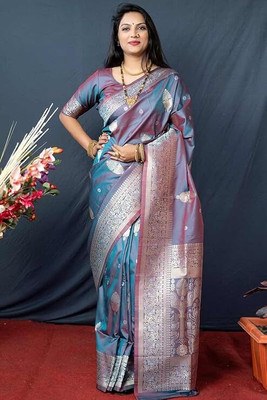 SWORNOF Geometric Print Bollywood Linen Saree(Blue)