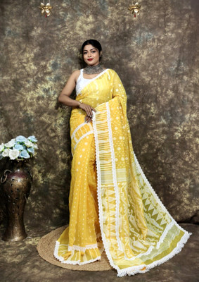 RIDDHIMAN FASHION Woven Jamdani Cotton Silk Saree(Yellow, White)