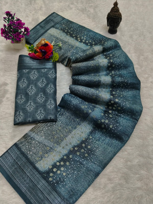 HouseOfCommon Printed Kanjivaram Pure Cotton, Cotton Silk Saree(Blue)