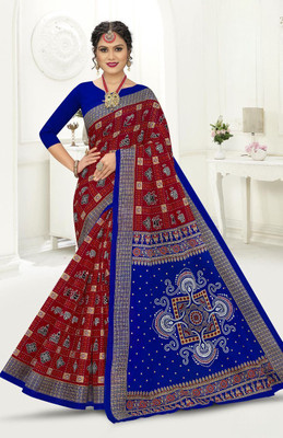 Ethnicsundari Printed Daily Wear Pure Cotton Saree(Blue, Maroon)