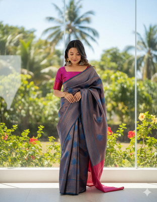 BAL KRISHNA SAREE Woven, Floral Print, Temple Border Banarasi Art Silk Saree(Blue)