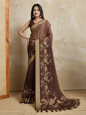 Divastri Floral Print, Printed, Woven Bollywood Crepe Saree(Brown)