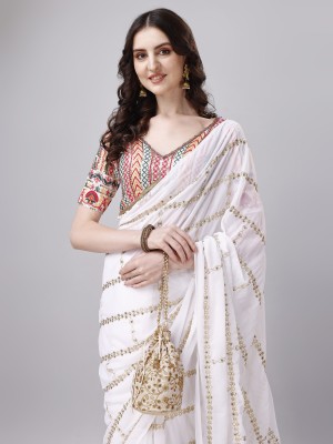 Western Gallary Embroidered Banarasi Georgette Saree(White)