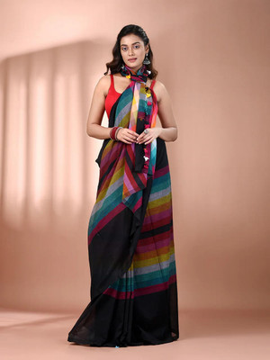 DRAPERIA Solid/Plain Handloom Cotton Blend Saree(Black, Multicolor)