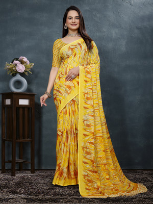 maayro Printed Bollywood Georgette Saree(Yellow)