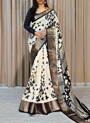 Chandan Fabrics Printed Bollywood Chanderi Saree(Cream)