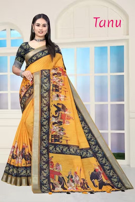 Marabout Digital Print Bollywood Cotton Linen Saree(Yellow)
