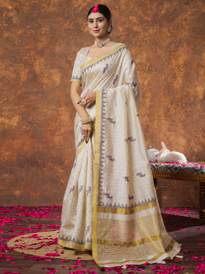 Tasrika Woven Kasavu Linen Saree(Cream)