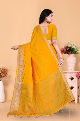Aarunika fashion Solid/Plain Bollywood Pure Silk Saree(Yellow)