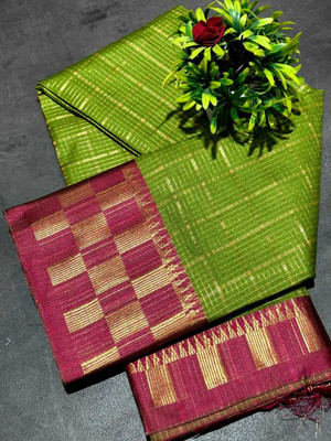 JbWorld Self Design, Woven, Checkered Chettinadu Cotton Silk, Pure Silk Saree(Green, Red)