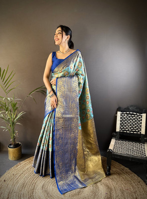MY LOFY Woven Kanjivaram Tissue, Silk Blend Saree(Blue)