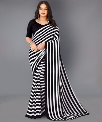 Anand Sarees Printed, Striped Bollywood Georgette Saree(White, Black)