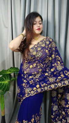 Dona Sharee Embroidered Bollywood Silk Blend Saree(Blue)