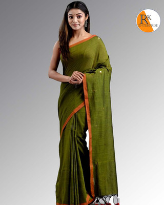 RM CRAETION Solid/Plain Handloom Cotton Blend Saree(Green)