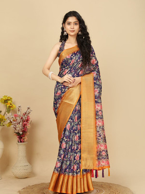 HouseOfCommon Floral Print, Woven Madhubani Art Silk Saree(Purple)