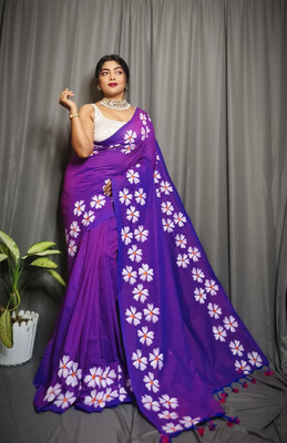 SOHAM SAREE GFAR Hand Painted Handloom Cotton Blend Saree(Purple)