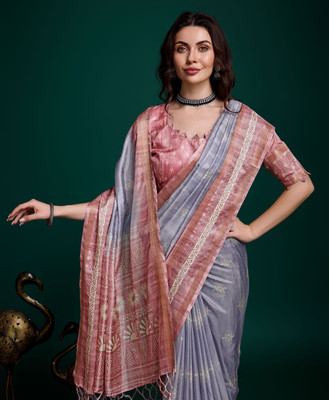 Tasrika Embellished, Printed, Woven Banarasi Tussar Silk Saree(Grey)