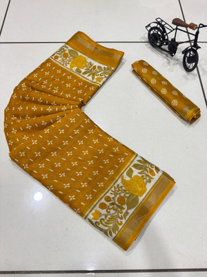 Vihan Fab Printed Kalamkari Mulmul Saree(Mustard)