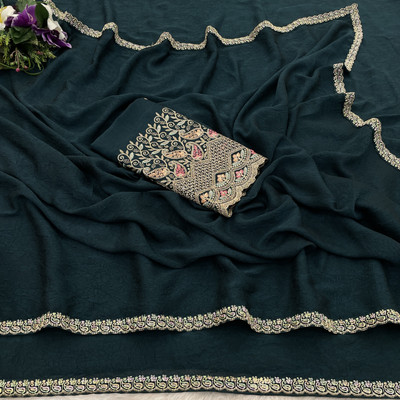 K 5 FASHION Embellished, Solid/Plain Bollywood Chiffon Saree(Dark Blue)