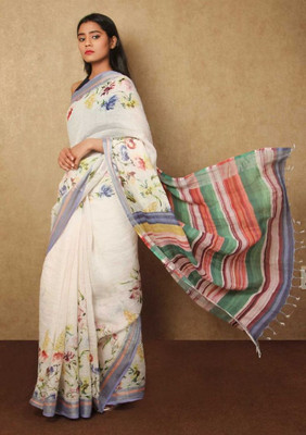Arpita Fashion Color Block, Digital Print Bollywood Cotton Linen Saree(Multicolor)