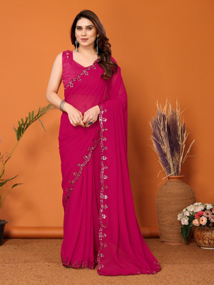 Sindharat Fashion Embellished, Solid/Plain Bollywood Georgette Saree(Pink)