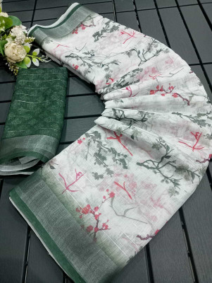 HouseOfCommon Printed Kanjivaram Cotton Linen, Linen Saree(Green, White)