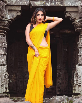 JiproStore Solid/Plain Daily Wear Georgette, Chiffon Saree(Yellow)
