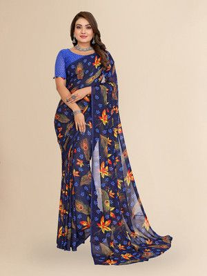 Moda Rapido Floral Print Daily Wear Georgette Saree(Blue)