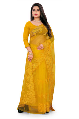 RMV Fashion Embroidered Bollywood Net Saree(Yellow)