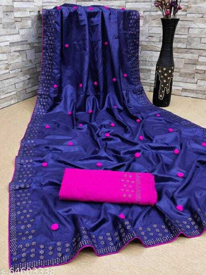 MM VENTURE Applique Bollywood Silk Blend Saree(Dark Blue)