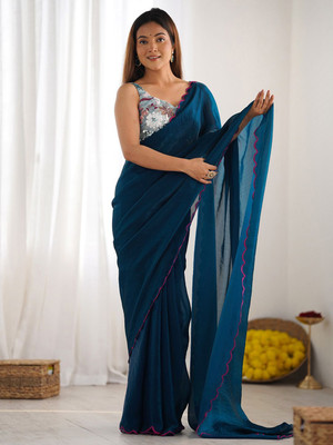 ANOUK Embroidered Bollywood Satin Saree(Blue)