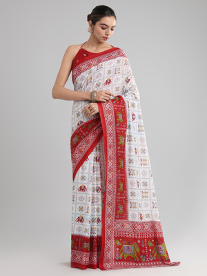 Sareemall Printed Hand Batik Cotton Blend Saree(White)