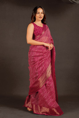 MIRCHI FASHION Printed, Striped Leheria Cotton Blend Saree(Pink, White)