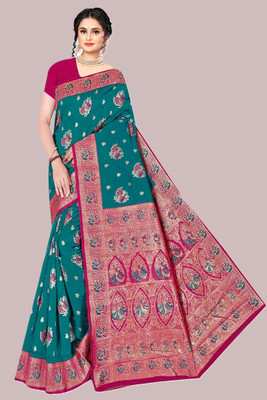 Radharani fusion Woven Banarasi Art Silk Saree(Blue, Pink)