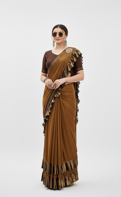 ShivMaya Solid/Plain Pre Draped Saree Silk Blend Saree(Brown)