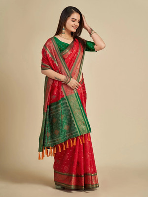 Verviza Woven, Embellished Patola Pure Silk Saree(Red)