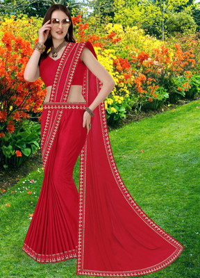 FabDaisy Printed Banarasi Lycra Blend Saree(Red)