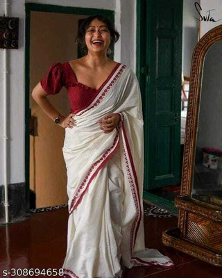 Viswas Solid/Plain Handloom Cotton Blend Saree(White)