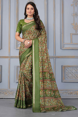 STAVA CREATION Printed Bollywood Cotton Silk Saree(Green)