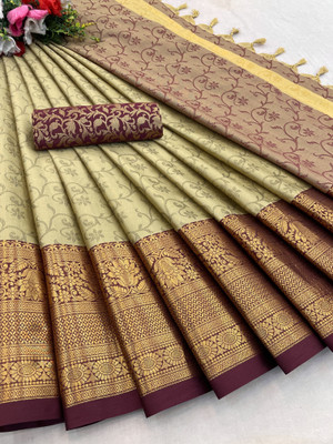 KanjiQueen Woven Kanjivaram Silk Blend, Pure Silk Saree(Beige, Maroon)