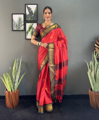 Julee Woven Kanjivaram Cotton Silk Saree(Red, Black)