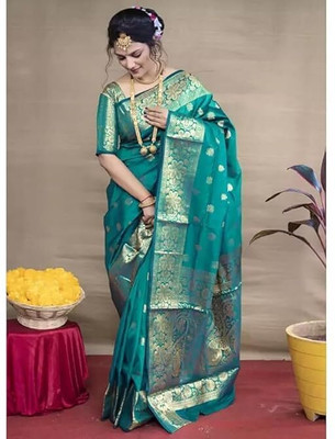 SHREE GHANSHYAM FASHION Woven, Self Design, Solid/Plain, Striped Banarasi Cotton Silk, Jacquard Saree(Multicolor)